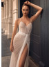 Beaded Straps Ivory Glitter Tulle Slit Wedding Dress